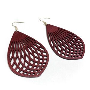 Geometric Pattern Mahogany-Colored Wood Teardrop Earrings with Fish/French Hook